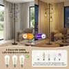 A split image showing a floor lamp in a living room during the day and at night, with additional product information at the bottom. Produktbild-Vorschau