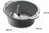 A close-up, angled view of a gray food mill with silver components and measurement indicators. Produktbild-Vorschau