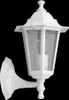 A white outdoor wall lamp with a glass enclosure and a visible light bulb, set against a black background. Produktbild-Vorschau