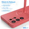 A pink phone case with a liquid-like substance pouring onto it, creating ripples. Text highlights features of the case. Produktbild-Vorschau