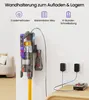 A cordless vacuum cleaner mounted on a wall charging station, with icons and text highlighting its features. Produktbild-Vorschau