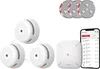 A product shot of a smart smoke detector bundle, including three smoke detectors, a base station, a smartphone displaying an app interface, and mounting accessories, all arranged on a white background. Produktbild-Vorschau