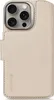 A close-up view of a beige leather wallet case for a smartphone, showing the camera cutout and the brand logo. Náhled obrázku produktu