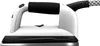 A side view of a white and black steam iron against a white background. Produktbild-Vorschau