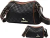 A black leather shoulder bag with a checkered pattern and brown trim, shown from two different angles. Anteprima dell’immagine prodotto