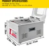 A silver vacuum sealer machine with dimensions labeled on it is shown against a white background, with a yellow header containing product specifications. Voir les images du produit