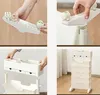 Collage showing assembly steps and the final assembled product of a mobile storage organizer. Produktbild-Vorschau