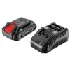 Two black power tool batteries and a charger are shown against a white background. Podgląd zdjęcia produktu