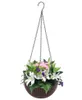 A hanging basket filled with artificial flowers, suspended by chains. Produktbild-Vorschau