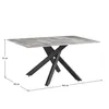 A rectangular dining table with a marble-like top and a black criss-cross base, shown with dimensions indicated. Produktbild-Vorschau