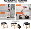 A collage of images showing a multifunctional yoga bench used for various exercises and its assembly. Voir les images du produit