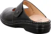 A black leather clog shoe is shown from a side-rear angle on a white background. Podgląd zdjęcia produktu