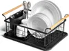 A black dish rack with white plates, bowls, and cups, and cutlery in a holder. Wooden handles are attached to the sides of the rack. Produktbild-Vorschau