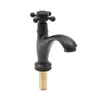 A black kitchen faucet with a gold threaded base is shown against a white background. Produktbild-Vorschau
