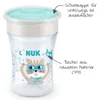 A NUK Magic Cup with a cat design, featuring text overlays highlighting its features. Podgląd zdjęcia produktu