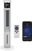 A white tower fan, a remote control, and a smartphone displaying an app are arranged on a white background. Voir les images du produit