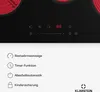 A close-up of a black glass ceramic hob with red heating elements, showing the control panel with digital display and touch buttons, and a list of features with icons below. Produktbild-Vorschau