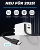 A white GaN charger with a black retractable USB-C cable is shown against a dark background with promotional text and icons. Produktbild-Vorschau