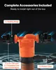 An orange water pump with accessories laid out, with text overlays describing the included items. Podgląd zdjęcia produktu