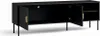 A black TV stand with two doors open, revealing storage space and shelves. It has thin black legs and gold handles. Anteprima dell’immagine prodotto