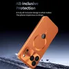 An orange phone case is shown in a dramatic, falling pose against a dark, rocky background, with text highlighting its protective features. Náhled obrázku produktu