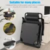 A folded black recliner chair is shown next to a desk with a computer monitor. Insets show the chair in use in an office, outdoors, and in a hospital setting. Voir les images du produit
