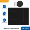 A black induction hob with icons and text describing its features, placed on a white and orange background. Produktbild-Vorschau
