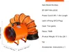 An industrial fan with an orange accordion-like duct is shown next to a text box containing product specifications. Podgląd zdjęcia produktu