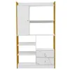 A white and gold bookshelf with multiple shelves, a cabinet, and drawers. Produktbild-Vorschau