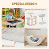 A collage of images showcasing a child playing with a wooden toy set, including a blackboard, storage box, and a baby in a rocking cradle. Podgląd zdjęcia produktu
