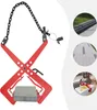A red stone clamp with a chain is shown on a white background, with inset circular images showing its use in landscaping. Podgląd zdjęcia produktu