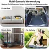 A collage of four images showing different scenarios where a dog product can be used: on a sofa, in a car trunk, in a dog crate, and in a tent. Produktbild-Vorschau