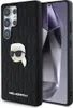 A black phone case with a Karl Lagerfeld monogram pattern and a Karl Head pin logo, shown next to a smartphone. Produktbild-Vorschau