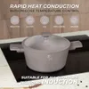 A gray pot with a glass lid sits on a black induction stovetop, with marketing text and icons above. Produktbild-Vorschau