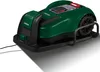 A robotic lawnmower is shown on its charging base. Produktbild-Vorschau