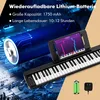 A digital piano with a tablet displaying a music app, a large battery graphic, and charging accessories. Anteprima dell’immagine prodotto