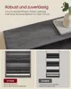 A close-up of a gray shelf with two comparison images below showing a shoe cabinet with and without a back panel. Produktbild-Vorschau
