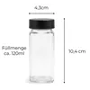 A clear shot of a glass spice jar with a black lid, showing its dimensions and capacity. Produktbild-Vorschau