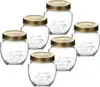 A group of six glass jars with gold lids, arranged in a staggered formation against a white background. Produktbild-Vorschau