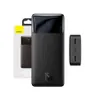 A black Baseus power bank with a digital display and a separate view of its ports, presented with its packaging. Podgląd zdjęcia produktu