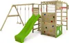 A wooden playground set with a green slide, swings, and a climbing wall. Voir les images du produit