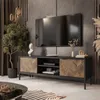 A modern living room with a TV stand and a large television mounted on the wall. Produktbild-Vorschau