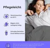 A woman is lying in bed, smiling with her eyes closed, under a grey duvet. The left side of the image contains marketing text and icons related to product care. Produktbild-Vorschau