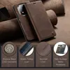 A close-up shot of a brown leather flip phone case for a Xiaomi Redmi Note 14 Pro 5G, with detailed close-ups of its features at the bottom. Produktbild-Vorschau