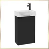 A black vanity unit with a white sink and a black faucet. Podgląd zdjęcia produktu