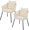 Two beige rope chairs with black metal legs are shown against a white background.