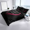 A bedroom scene with a bed made up with black and pink heart-designed bedding, set against a large window with a view. Produktbild-Vorschau