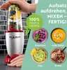 A hand is holding a blender cup filled with fruits, placed on a blender base. The background is a kitchen tile wall. To the right, there are images of smoothies, soup, dips, and shakes, with descriptive text. Produktbild-Vorschau