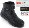 A black Puma safety boot with various safety certifications and brand logos displayed. Produktbild-Vorschau