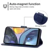 A blue phone case is shown open, displaying the phone screen. Text overlays describe the product's features. Produktbild-Vorschau
